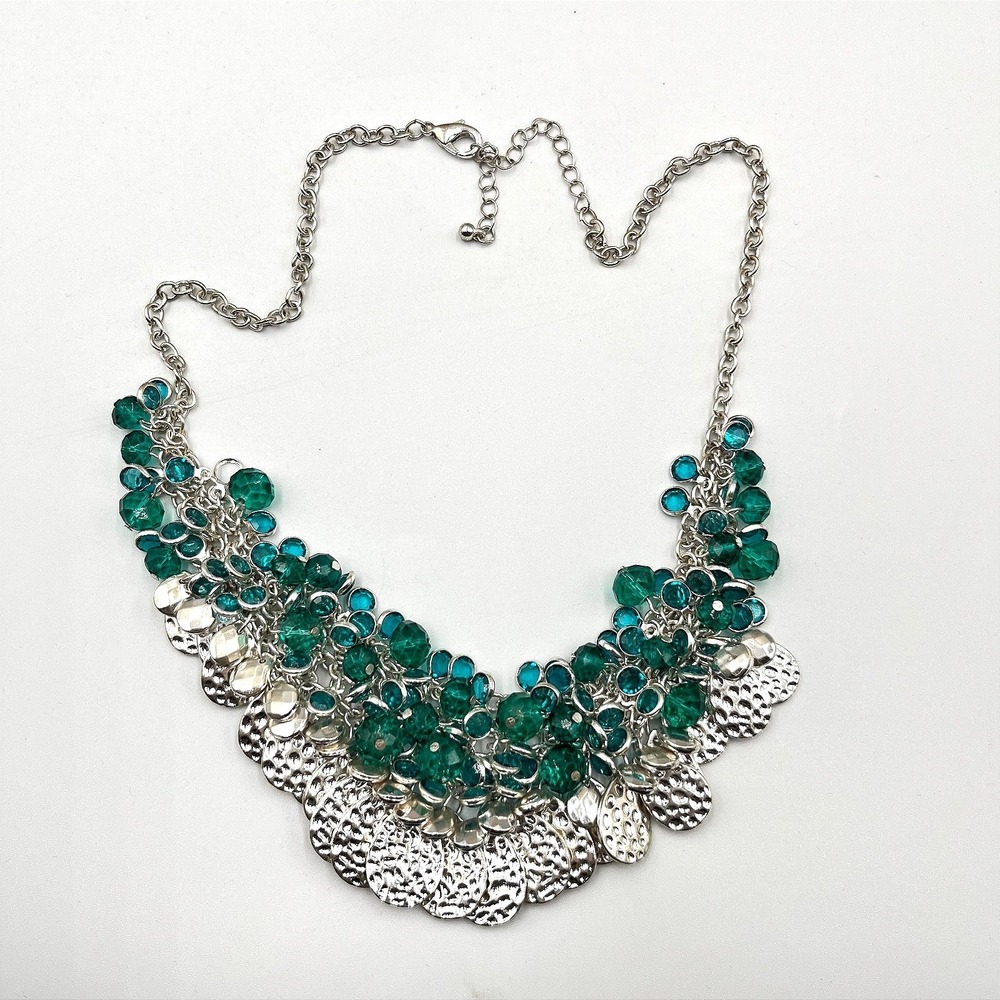 VTG Silver Tone Bib Necklace Teal Green Cluster‎ Beads Textured Disk Statement